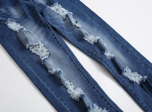 Multi-holes, Blue Elastic Men's Jeans Slim-fitting Small Straight VibeFlex Sports