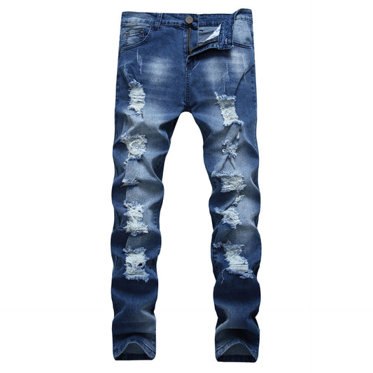 Multi-holes, Blue Elastic Men's Jeans Slim-fitting Small Straight VibeFlex Sports
