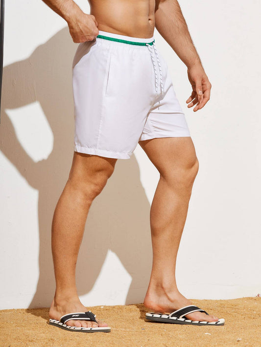 Manfinity Swimmode Men Letter Striped Trim Drawstring Waist Swim Trunks Pool Shorts for Beach, Vacation