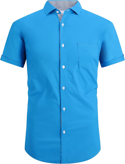 Mens High Stretch Dress Shirts Short Sleeve Hidden Button down Shirts Business Casual Button up Shirt