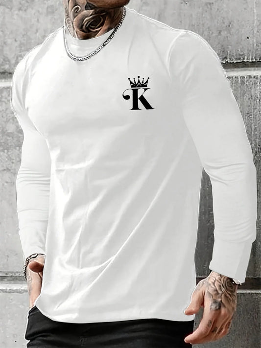 Men's 100% pure cotton loose fit comfortable sports and leisure letter K king printed round neck long sleeved T-shirt top VibeFlex Sports