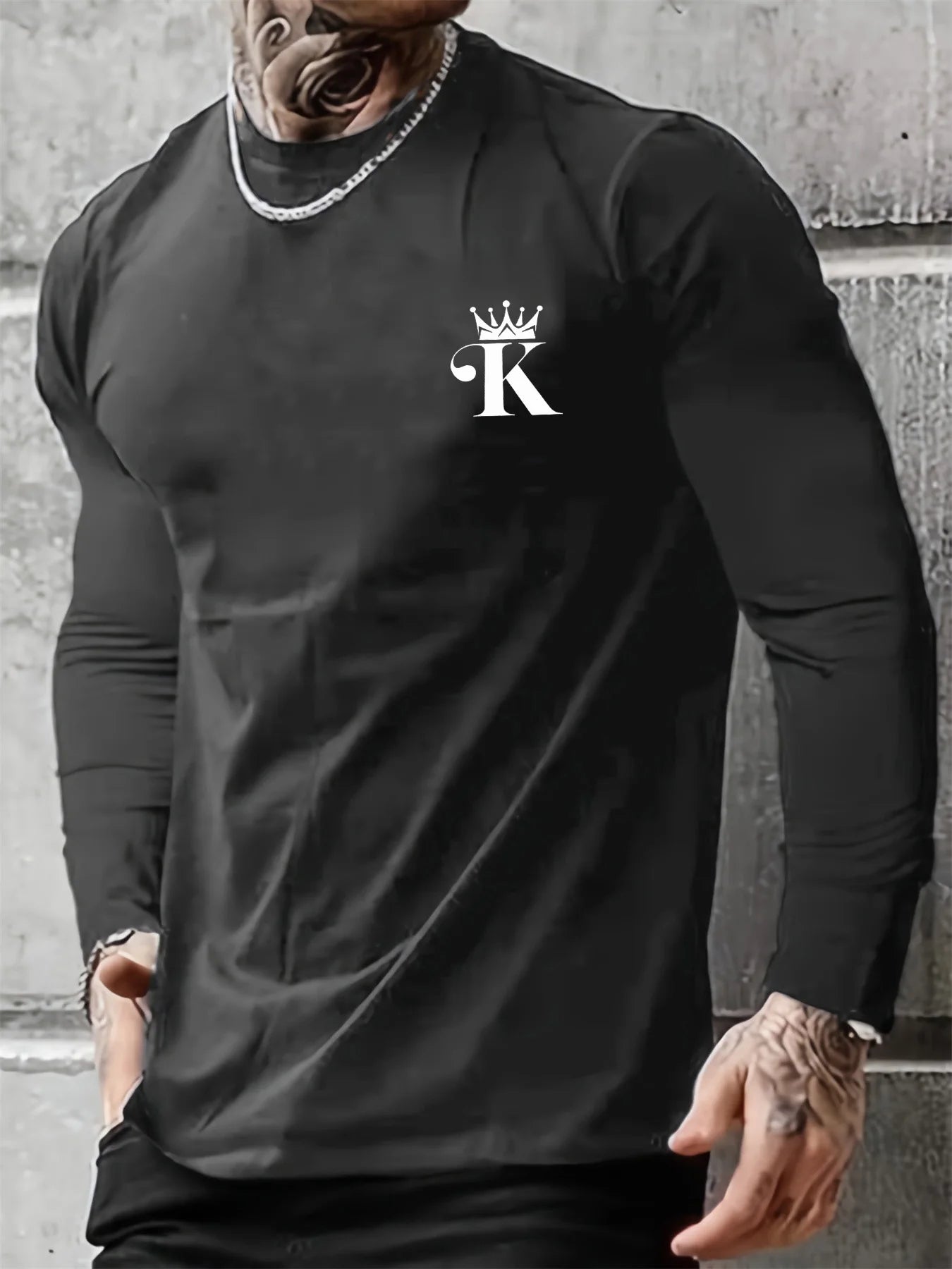 Men's 100% pure cotton loose fit comfortable sports and leisure letter K king printed round neck long sleeved T-shirt top VibeFlex Sports