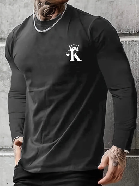 Men's 100% pure cotton loose fit comfortable sports and leisure letter K king printed round neck long sleeved T-shirt top VibeFlex Sports