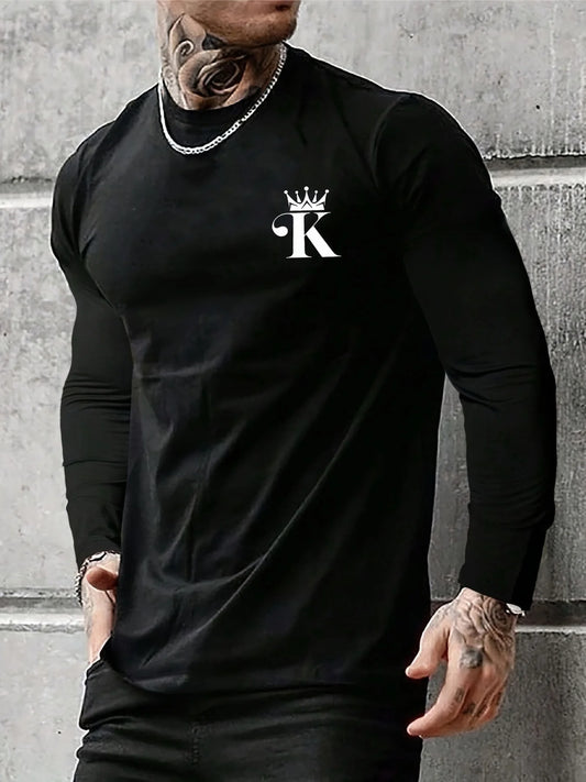 Men's 100% pure cotton loose fit comfortable sports and leisure letter K king printed round neck long sleeved T-shirt top VibeFlex Sports