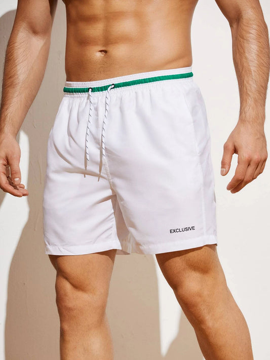 Manfinity Swimmode Men Letter Striped Trim Drawstring Waist Swim Trunks Pool Shorts for Beach, Vacation