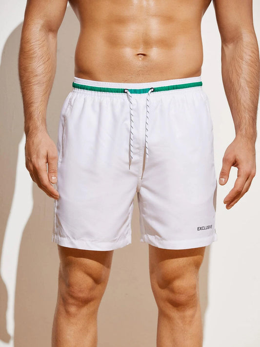 Manfinity Swimmode Men Letter Striped Trim Drawstring Waist Swim Trunks Pool Shorts for Beach, Vacation