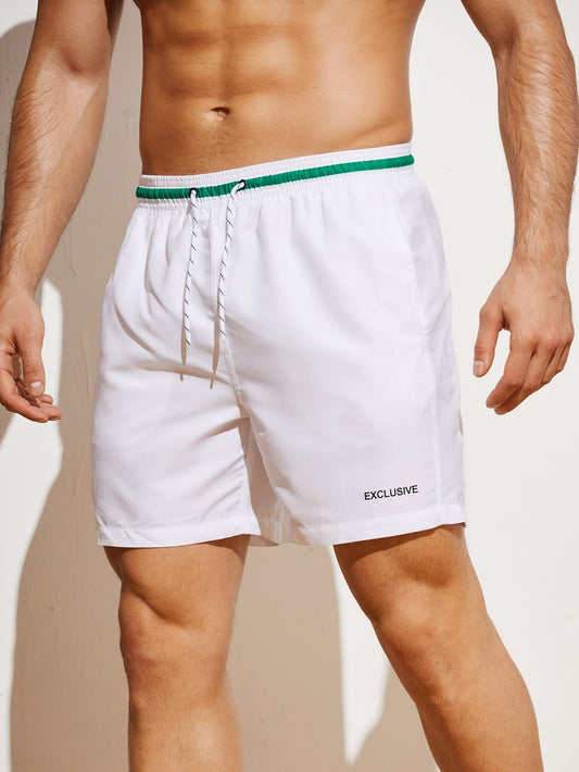 Manfinity Swimmode Men Letter Striped Trim Drawstring Waist Swim Trunks Pool Shorts for Beach, Vacation