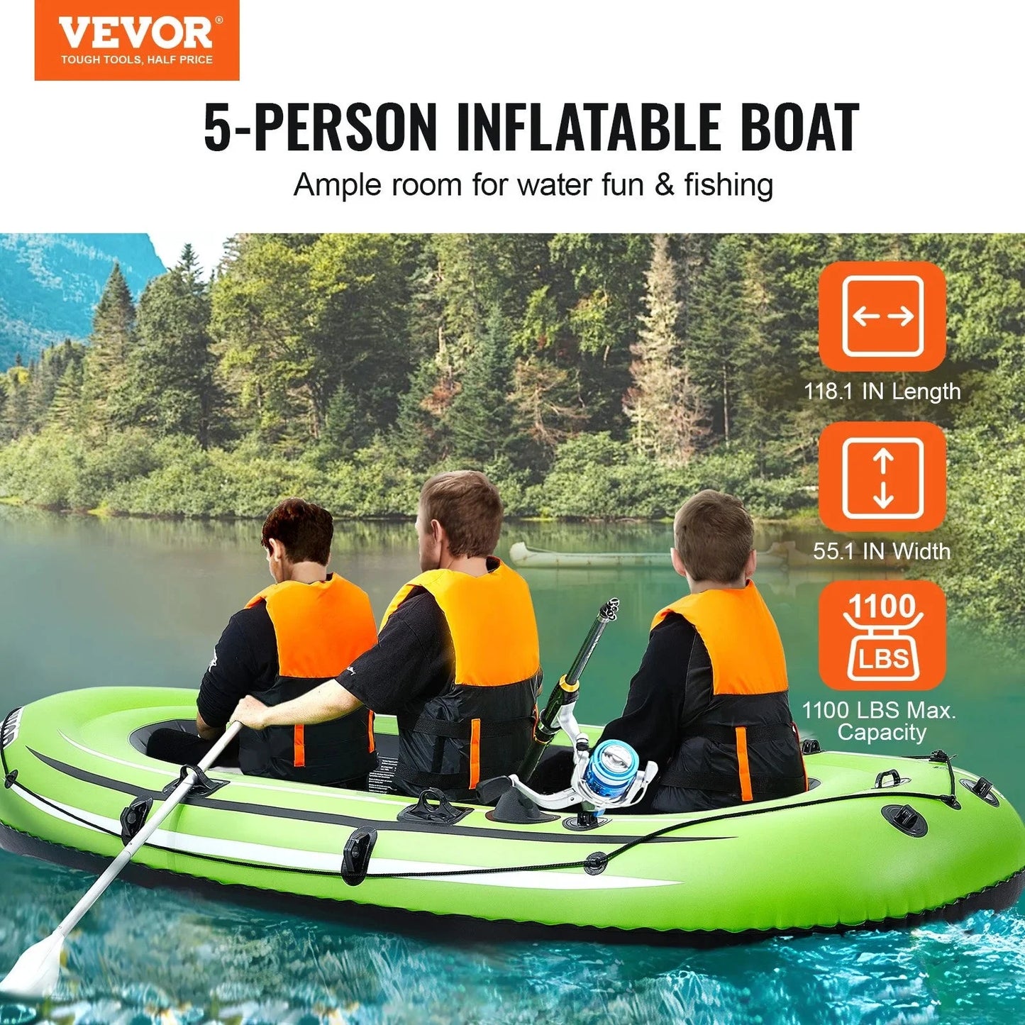 Vevor Inflatable Boat, 5-person Inflatable Fishing Boat, Strong Pvc Portable Boat Raft Kayak, 45.6 Aluminum Oars, High-output Pump, Fishing Rod Holders, And 2 Seats, 1100 Lb Capacity For Adults, Kids 🌴 VibeFlex Sports