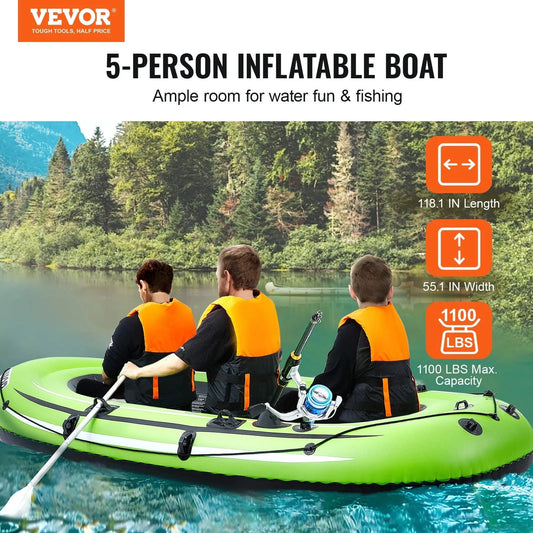 Vevor Inflatable Boat, 5-person Inflatable Fishing Boat, Strong Pvc Portable Boat Raft Kayak, 45.6 Aluminum Oars, High-output Pump, Fishing Rod Holders, And 2 Seats, 1100 Lb Capacity For Adults, Kids 🌴 VibeFlex Sports