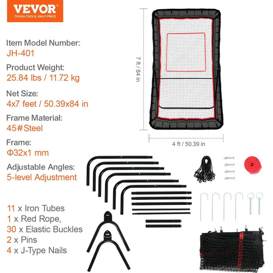 Vevor Lacrosse Rebounder For Backyard, 4x7 Ft Volleyball Bounce Back Net, Pitchback Throwback Baseball Softball Return Training Screen, Adjustable Angle Shooting Practice Training Wall With Target 🌴 VibeFlex Sports