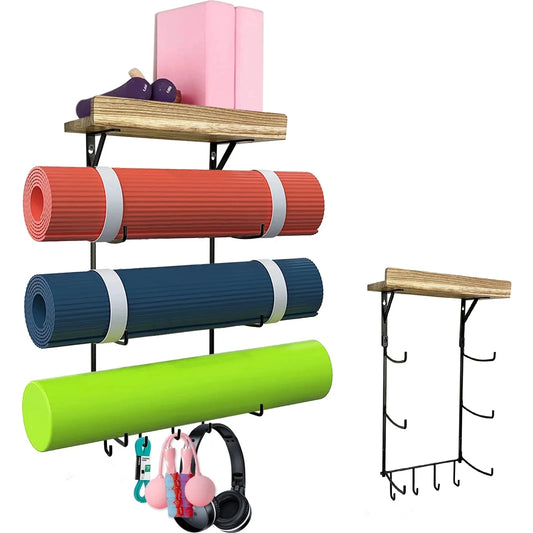 Yoga Mat Holder, Yoga Mat Storage Wall Mount Sturdy Yoga Mat Rack Organizer With 4 Hooks For Foam Roller Resistance Bands And Yoga Equipment Accessories At Home Gym 🌴 VibeFlex Sports