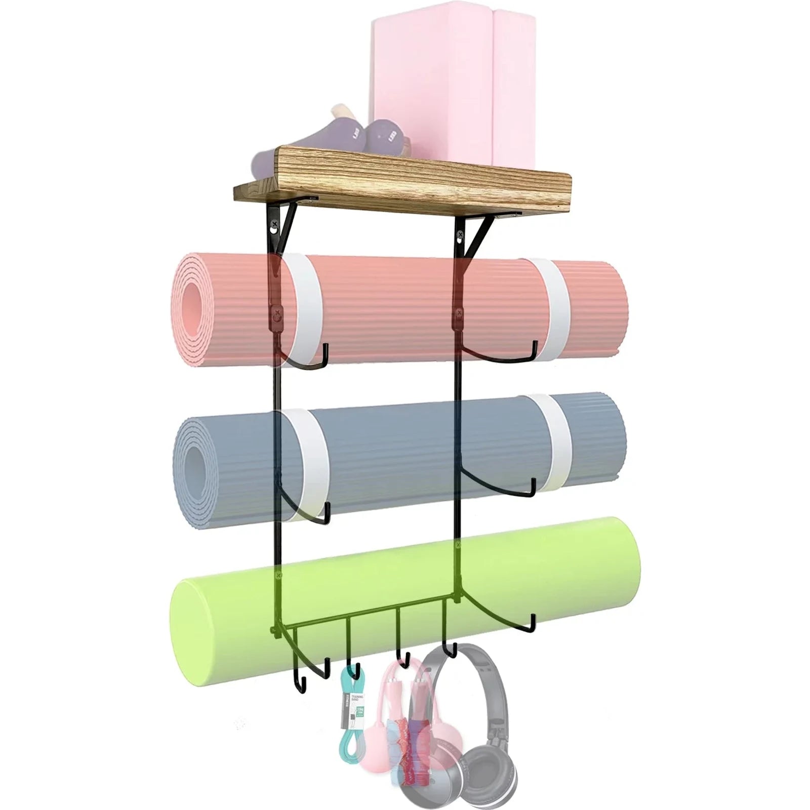 Yoga Mat Holder, Yoga Mat Storage Wall Mount Sturdy Yoga Mat Rack Organizer With 4 Hooks For Foam Roller Resistance Bands And Yoga Equipment Accessories At Home Gym 🌴 VibeFlex Sports