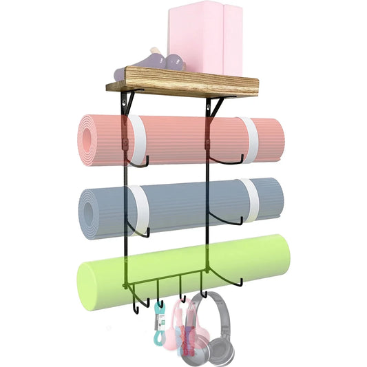 Yoga Mat Holder, Yoga Mat Storage Wall Mount Sturdy Yoga Mat Rack Organizer With 4 Hooks For Foam Roller Resistance Bands And Yoga Equipment Accessories At Home Gym 🌴 VibeFlex Sports
