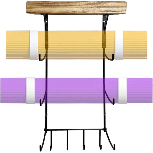 Yoga Mat Holder, Yoga Mat Storage Wall Mount Sturdy Yoga Mat Rack Organizer With 4 Hooks For Foam Roller Resistance Bands And Yoga Equipment Accessories At Home Gym 🌴 VibeFlex Sports