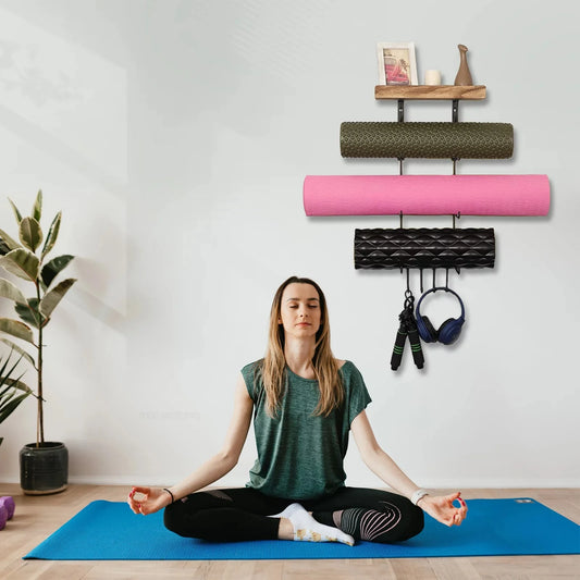 Yoga Mat Holder, Yoga Mat Storage Wall Mount Sturdy Yoga Mat Rack Organizer With 4 Hooks For Foam Roller Resistance Bands And Yoga Equipment Accessories At Home Gym 🌴 VibeFlex Sports