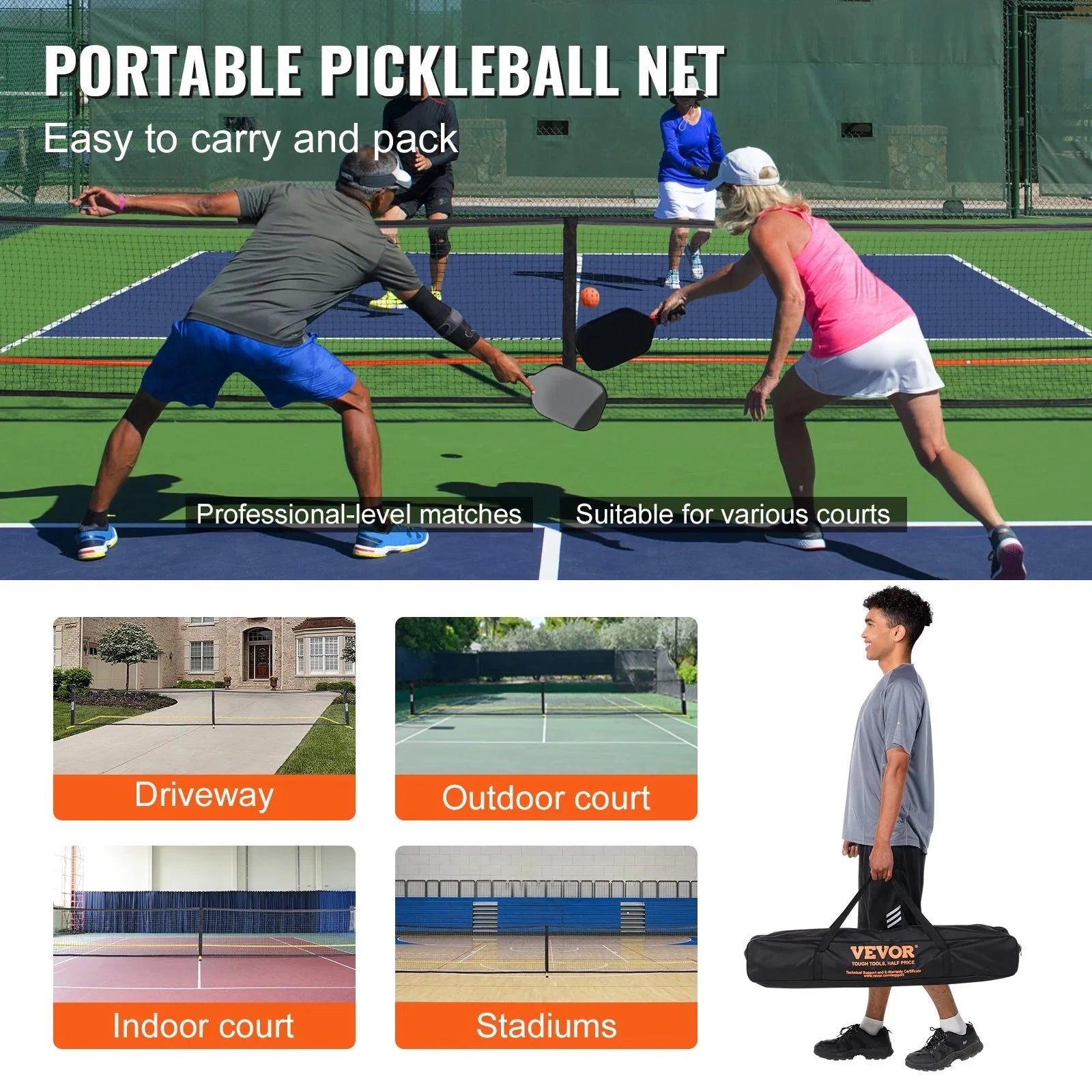 Vevor Pickleball Net Set, 22ft Regulation Size Portable Pickleball System With Carrying Bag & Balls & Paddles, Weather Resistant Steady Metal Frame & Strong Pe Net, For Outdoor Backyard Driveway 🌴 VibeFlex Sports