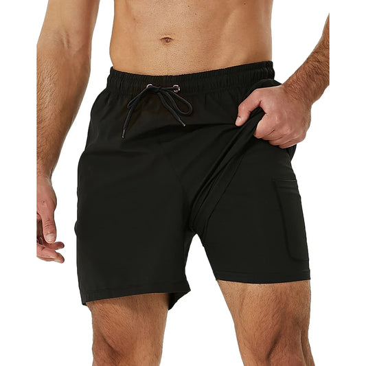 Mens Swim Trunks Stretch Water Beach Shorts With Compression Liner 2 In 1 Quick-dry Swimming Shorts With Zipper Pockets, Black, L 🌴 VibeFlex Sports