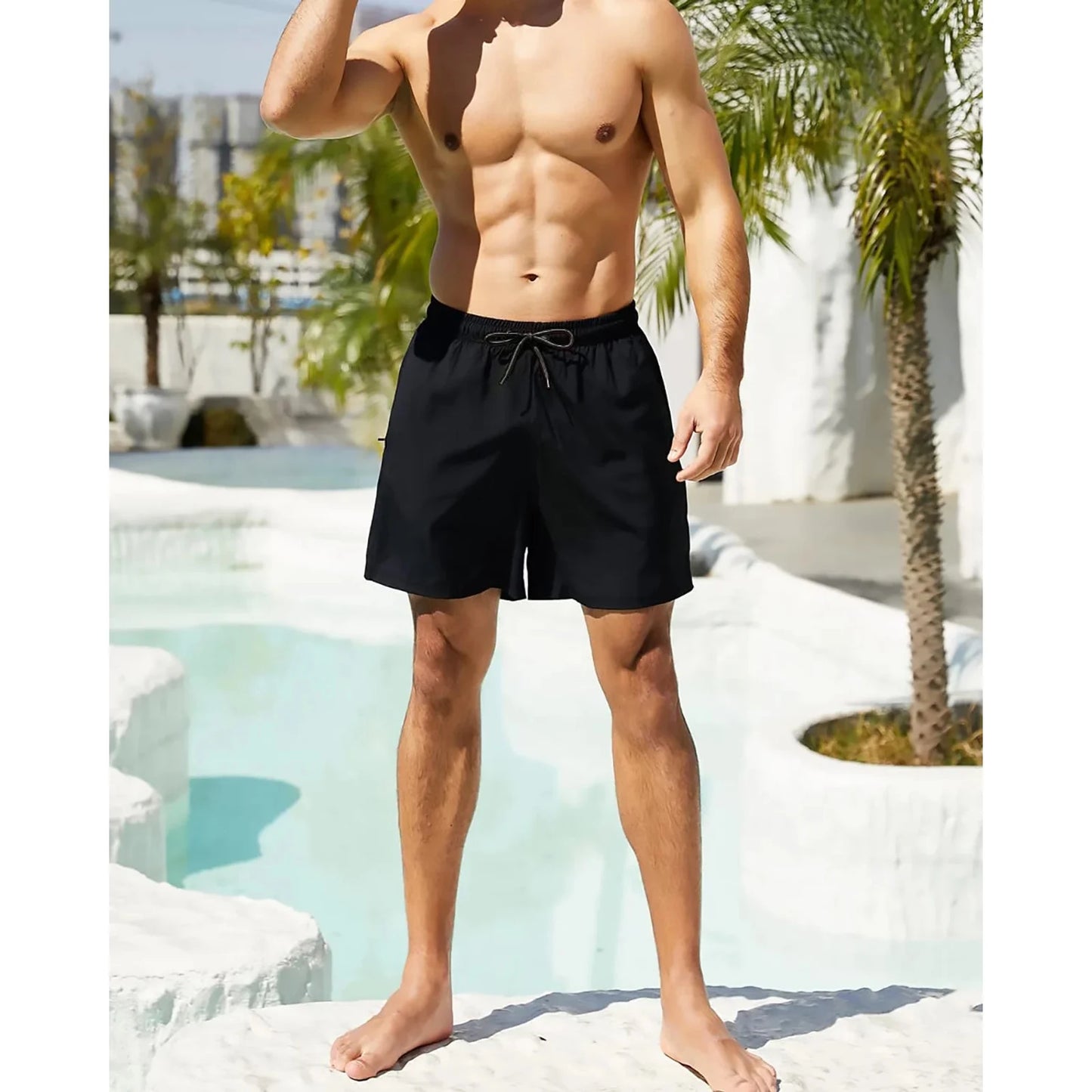 Mens Swim Trunks Stretch Water Beach Shorts With Compression Liner 2 In 1 Quick-dry Swimming Shorts With Zipper Pockets, Black, L 🌴