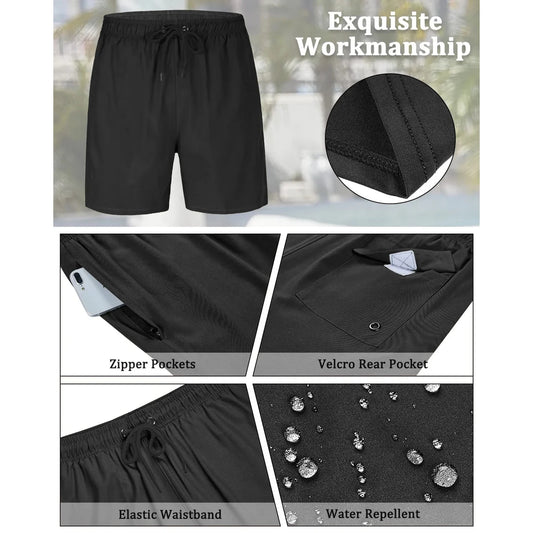 Mens Swim Trunks Stretch Water Beach Shorts With Compression Liner 2 In 1 Quick-dry Swimming Shorts With Zipper Pockets, Black, L 🌴