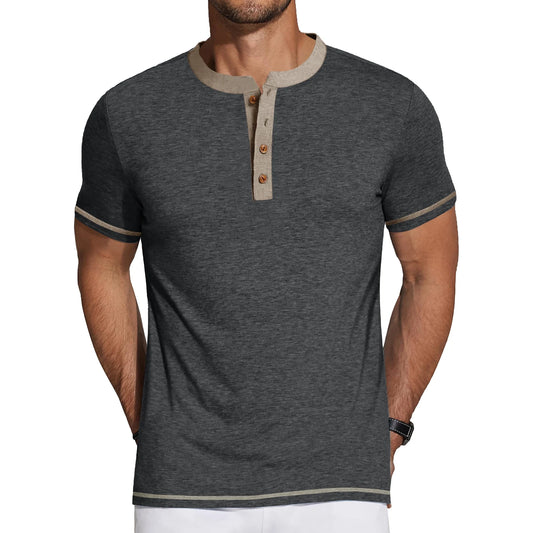 Henley Men Shirts Short Sleeve T Shirts For Men Crew Neck Color Block Men Shirts 🌴 VibeFlex Sports