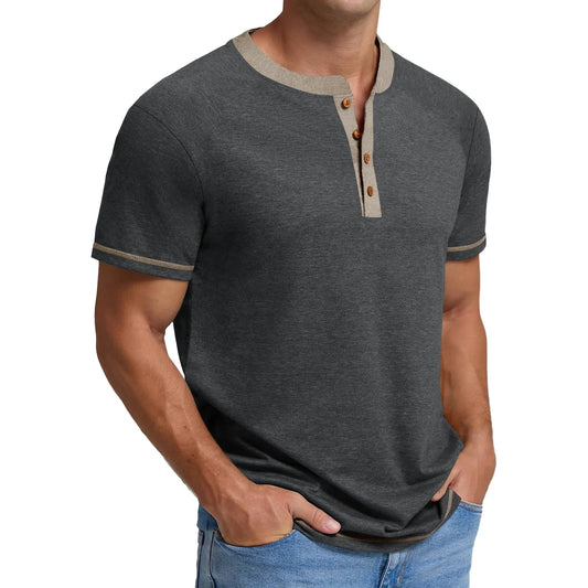 Henley Men Shirts Short Sleeve T Shirts For Men Crew Neck Color Block Men Shirts 🌴 VibeFlex Sports
