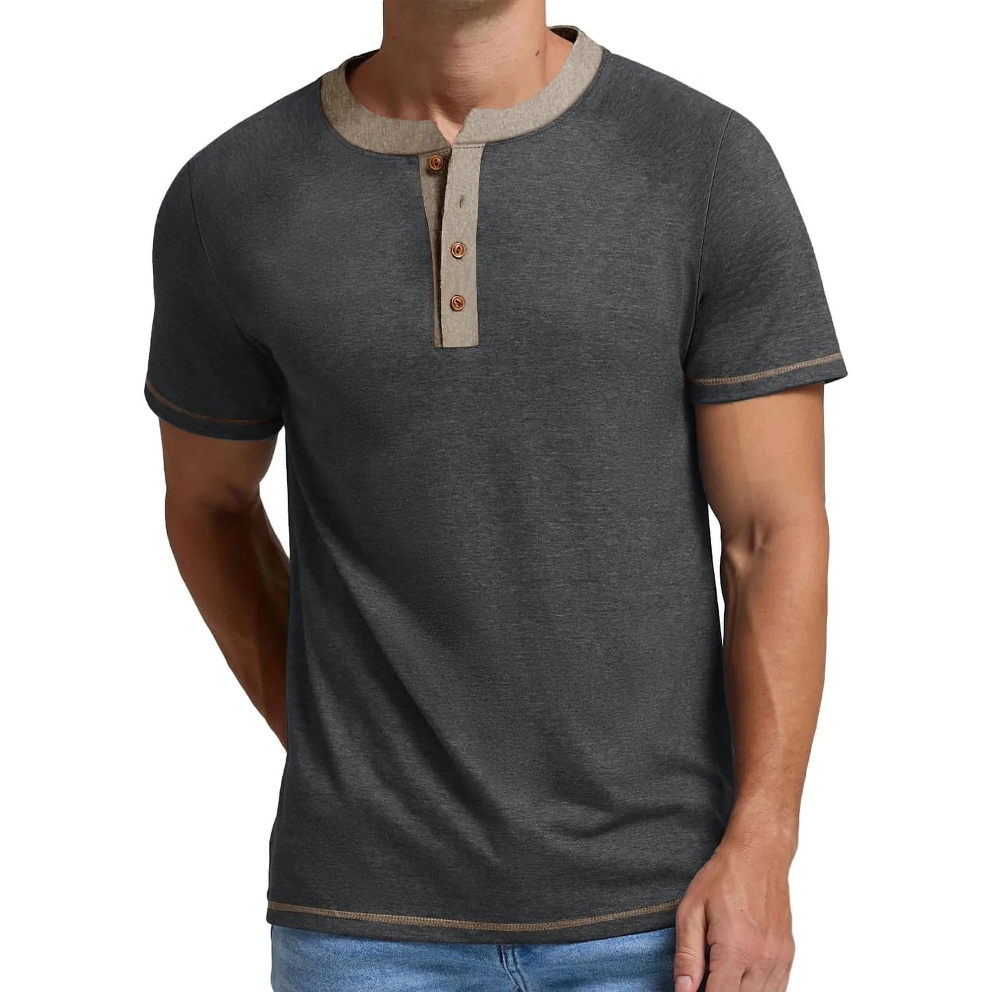 Henley Men Shirts Short Sleeve T Shirts For Men Crew Neck Color Block Men Shirts 🌴 VibeFlex Sports