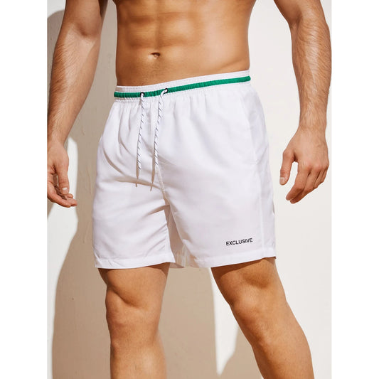 Manfinity Swimmode Men Letter Striped Trim Drawstring Waist Swim Trunks Pool Shorts For Beach, Vacation 🌴 VibeFlex Sports