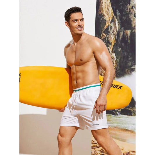 Manfinity Swimmode Men Letter Striped Trim Drawstring Waist Swim Trunks Pool Shorts For Beach, Vacation 🌴 VibeFlex Sports