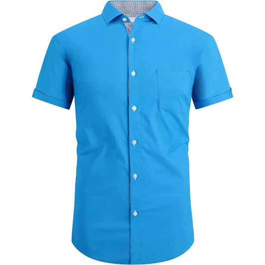 Mens High Stretch Dress Shirts Short Sleeve Hidden Button Down Shirts Business Casual Button Up Shirt 🌴 VibeFlex Sports