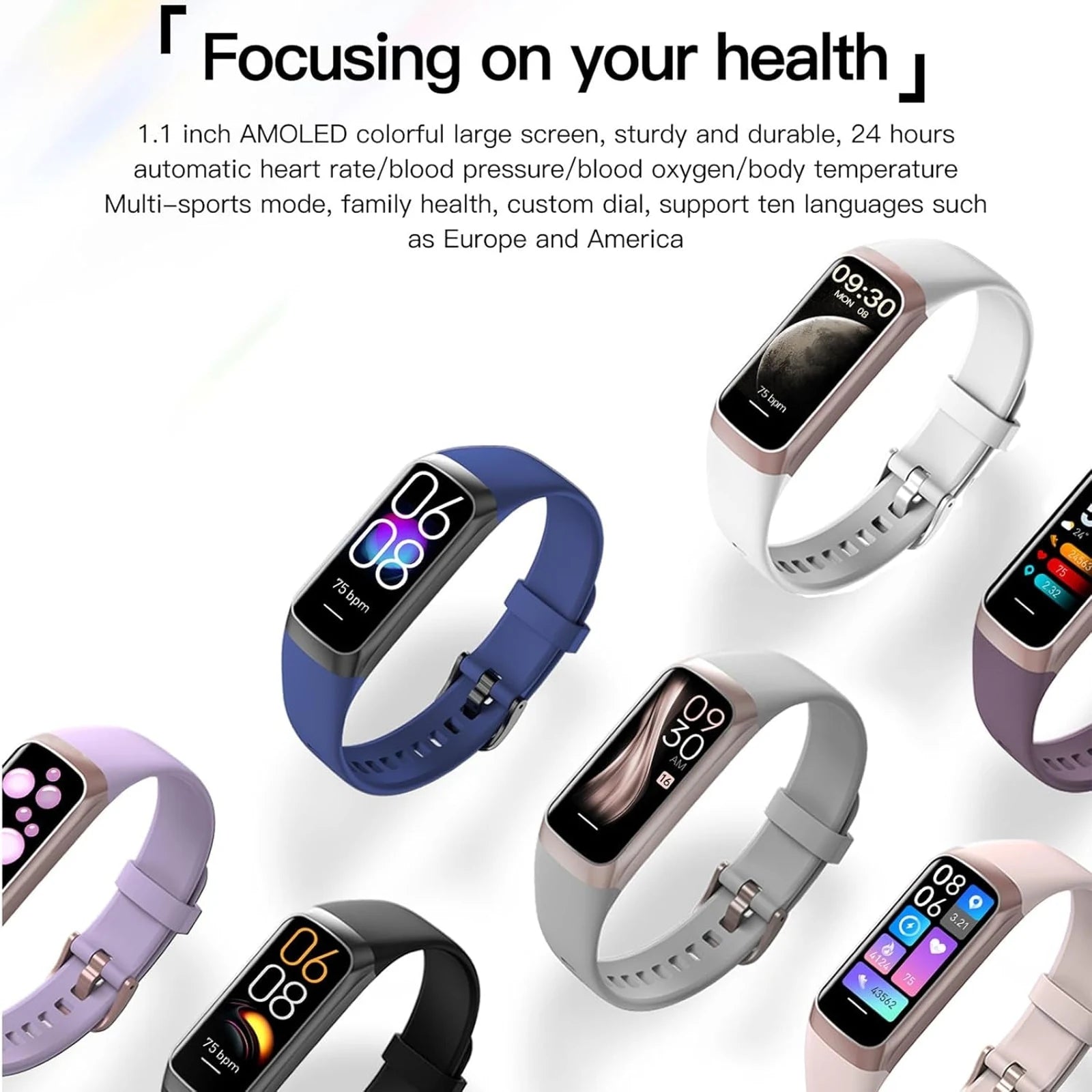 Health And Fitness Tracker For Men And Women, Amoled Display, Compatible With Android & Ios, Includes Alarm, Stopwatch, Blood Pressure Monitor, Calorie Tracking, Ip68 Waterproof, Step Tracking 🌴 VibeFlex Sports
