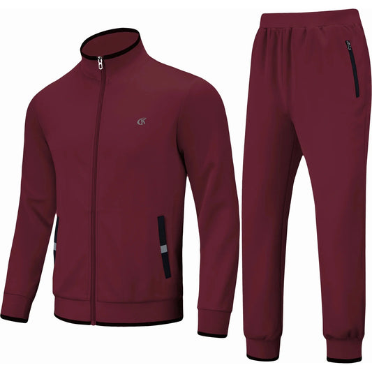 Men's Athletic Tracksuit Set - 2 Piece Full Zip Jogging Sweatsuit In Wine Red, Size L 🌴 VibeFlex Sports