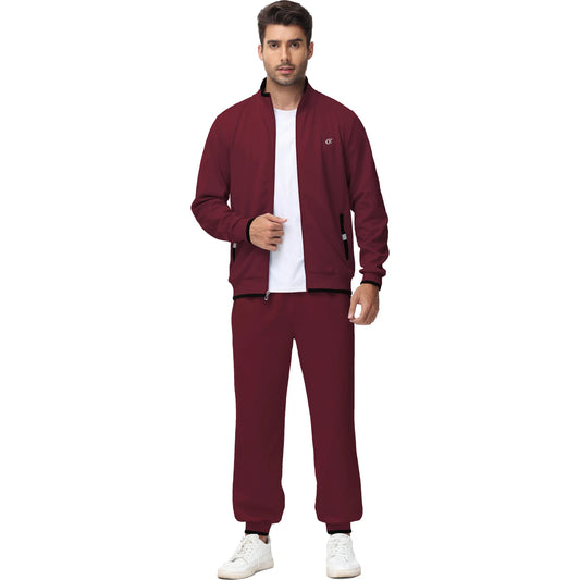 Men's Athletic Tracksuit Set - 2 Piece Full Zip Jogging Sweatsuit In Wine Red, Size L 🌴 VibeFlex Sports