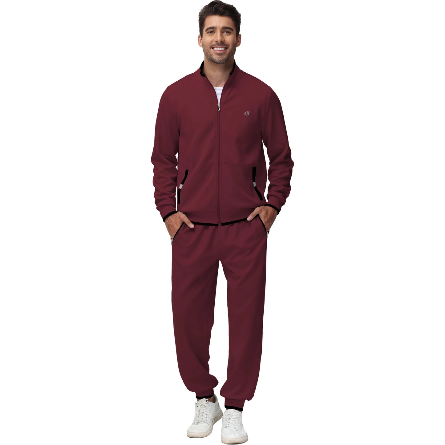 Men's Athletic Tracksuit Set - 2 Piece Full Zip Jogging Sweatsuit In Wine Red, Size L 🌴 VibeFlex Sports