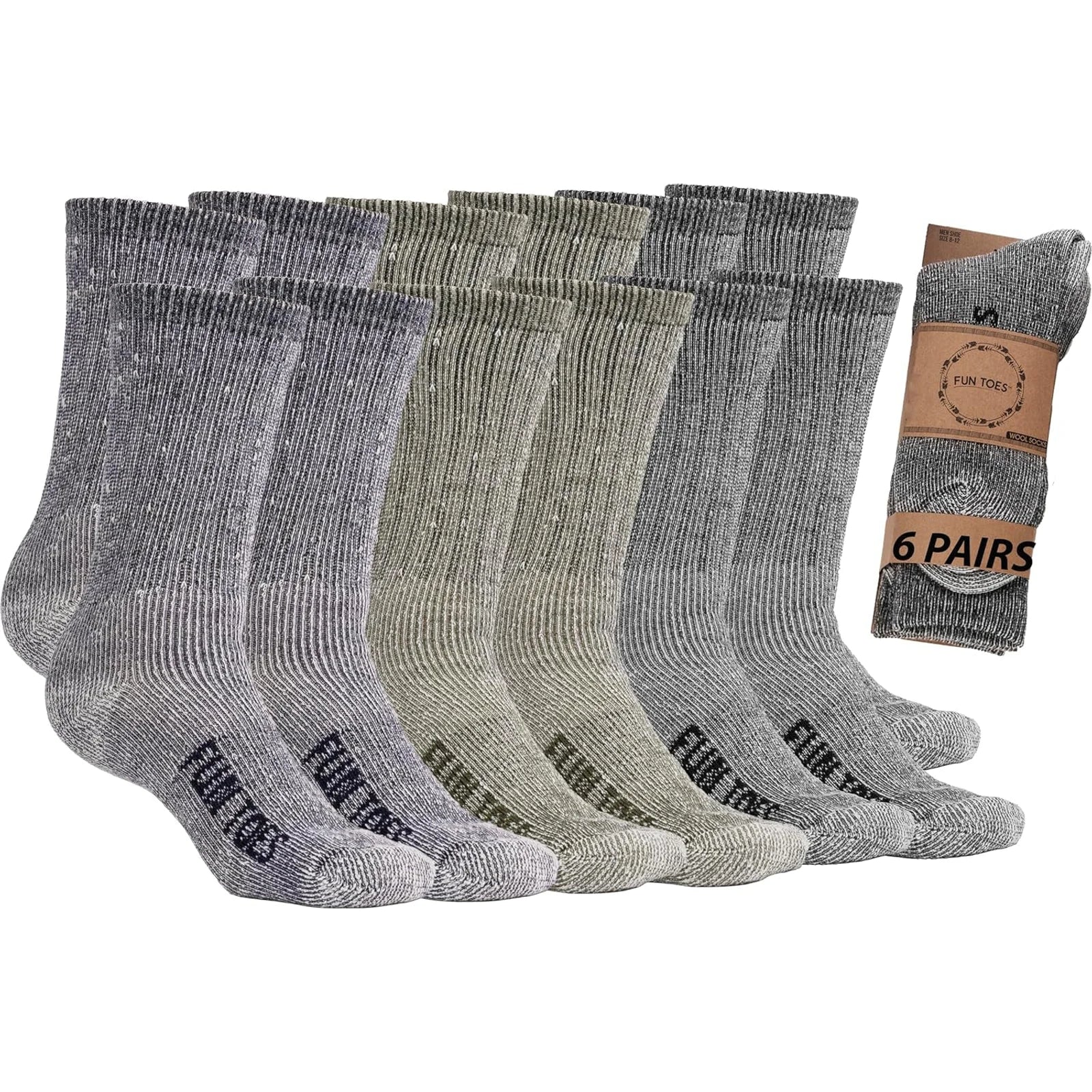 Men's Lightweight Merino Wool Hiking Crew Socks - 6 Pairs, Reinforced, Sizes 8-12 🌴 VibeFlex Sports