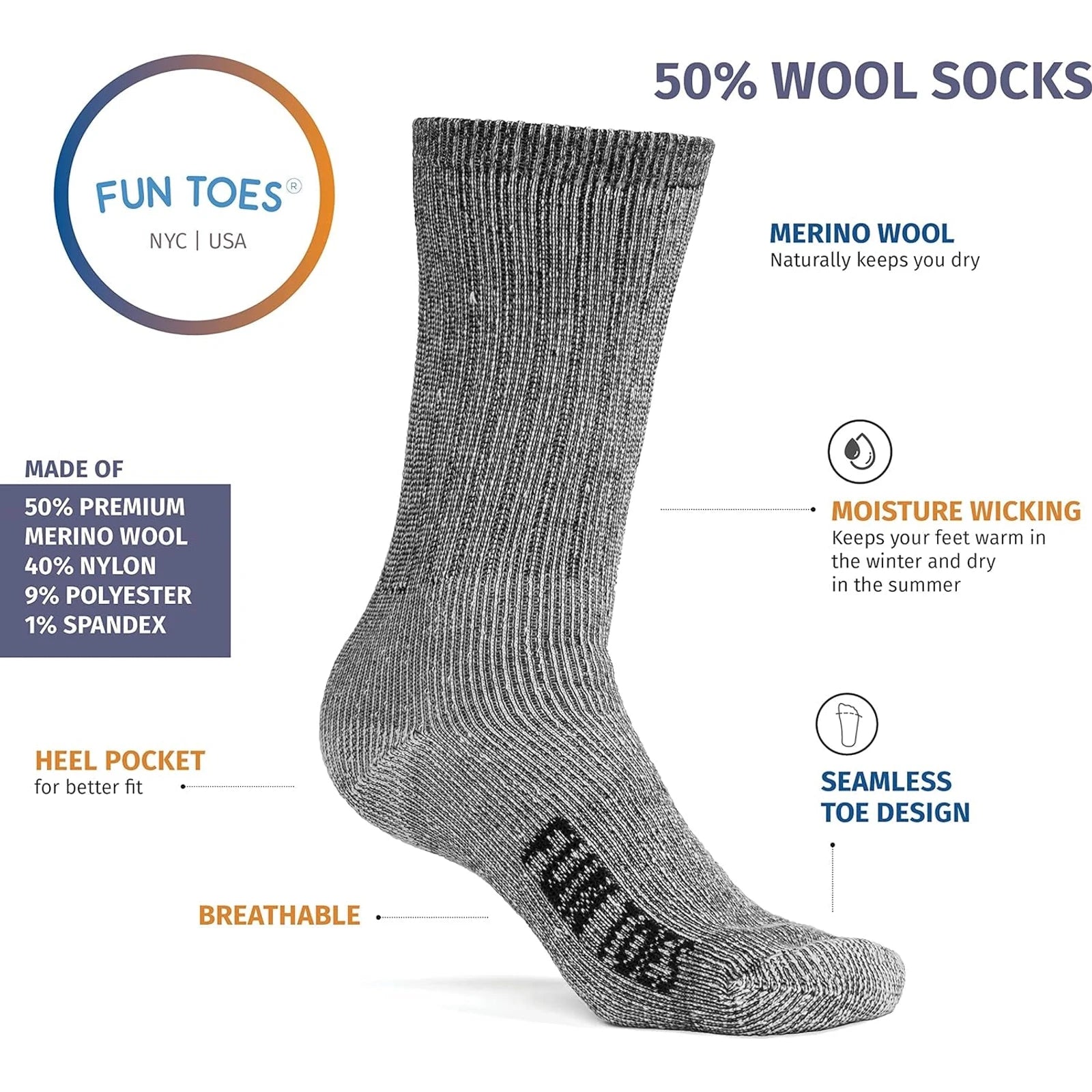 Men's Lightweight Merino Wool Hiking Crew Socks - 6 Pairs, Reinforced, Sizes 8-12 🌴 VibeFlex Sports