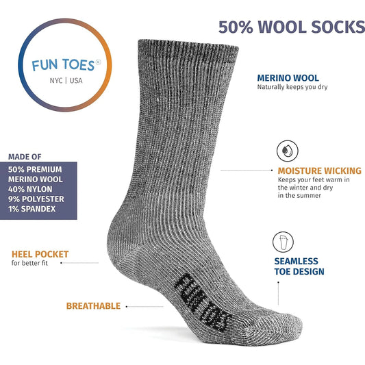 Men's Lightweight Merino Wool Hiking Crew Socks - 6 Pairs, Reinforced, Sizes 8-12 🌴 VibeFlex Sports