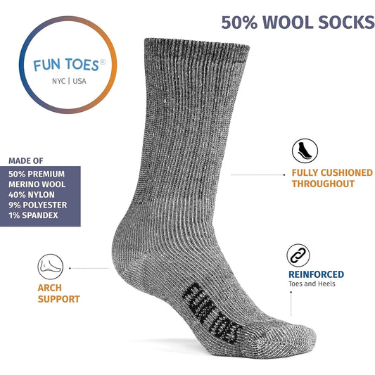 Men's Lightweight Merino Wool Hiking Crew Socks - 6 Pairs, Reinforced, Sizes 8-12 🌴