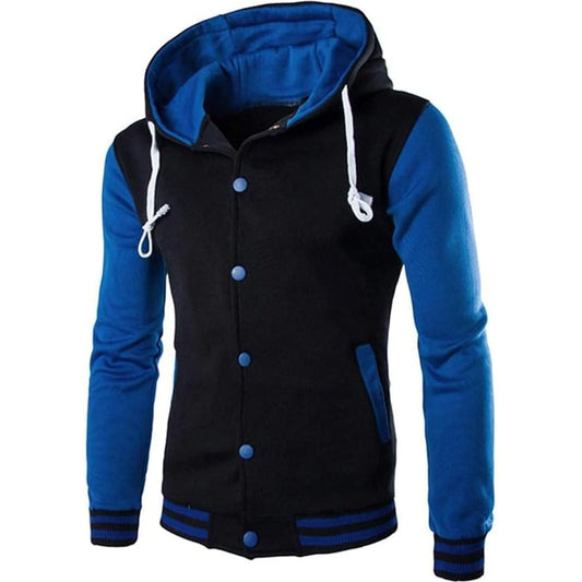 Mens Hooded Baseball Varsity Jacket Causal Slim Fit Bomber Jackets Long Sleeve Letterman Coat Hoodie Sweatshirt Blue 🌴 VibeFlex Sports