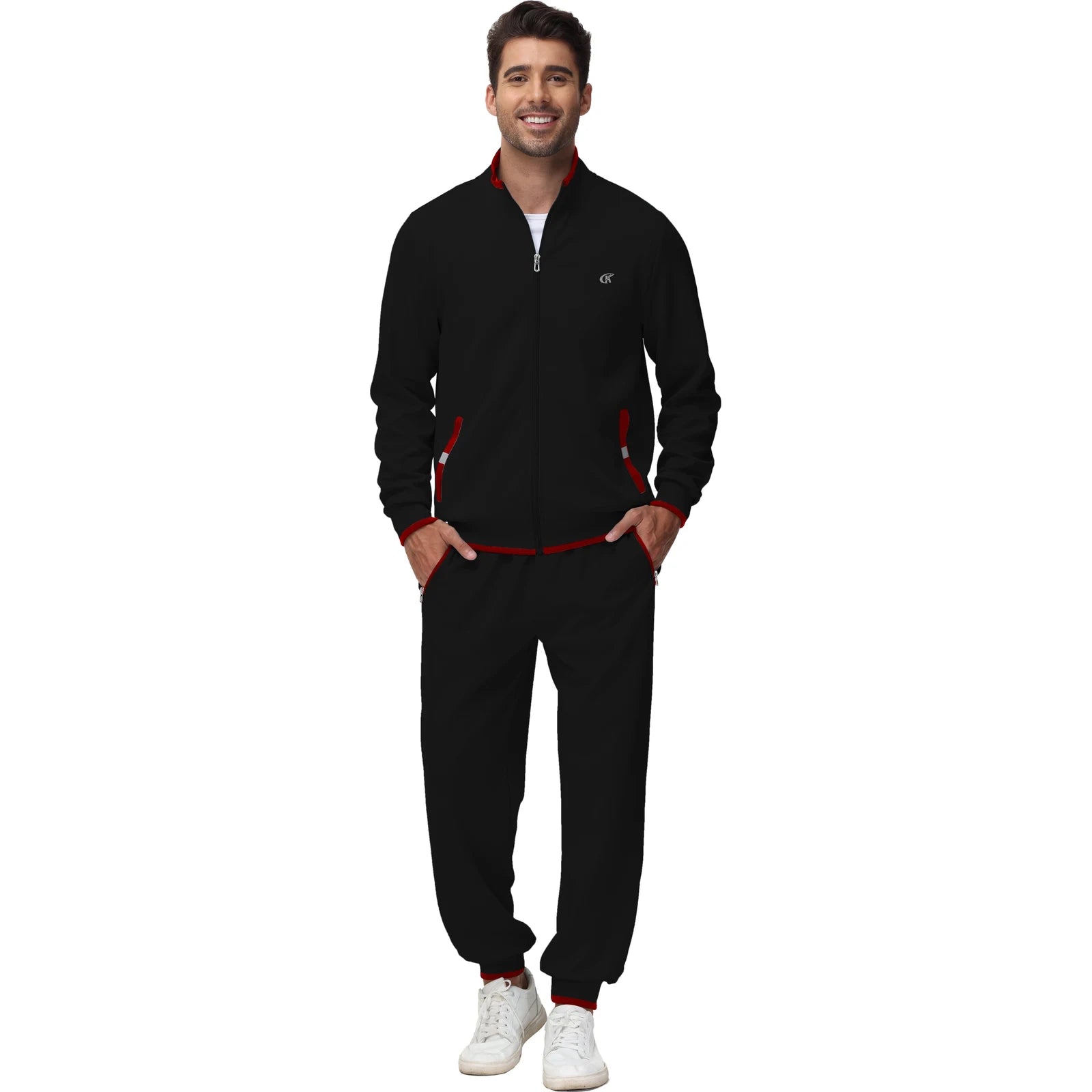 Men's Athletic Tracksuit Set - 2-piece Casual Jogging Suit With Full Zip, Black, Size L 🌴 VibeFlex Sports