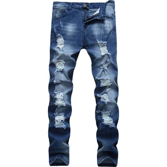 Multi-holes, Blue Elastic Men's Jeans Slim-fitting Small Straight 🌴 VibeFlex Sports