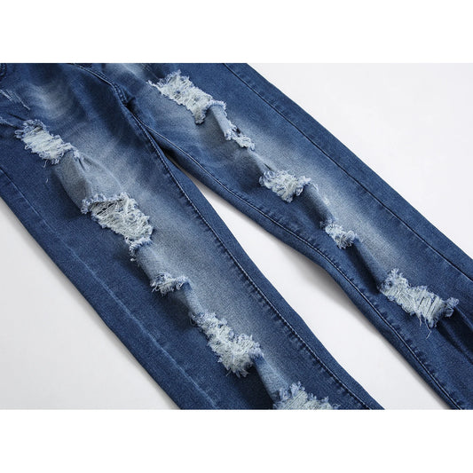 Multi-holes, Blue Elastic Men's Jeans Slim-fitting Small Straight 🌴 VibeFlex Sports