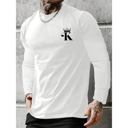 Men's 100% Pure Cotton Loose Fit Comfortable Sports And Leisure Letter K King Printed Round Neck Long Sleeved T-shirt Top 🌴 VibeFlex Sports