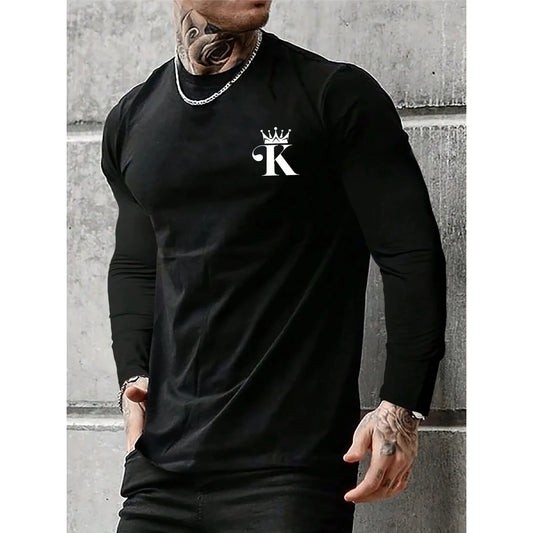 Men's 100% Pure Cotton Loose Fit Comfortable Sports And Leisure Letter K King Printed Round Neck Long Sleeved T-shirt Top 🌴 VibeFlex Sports