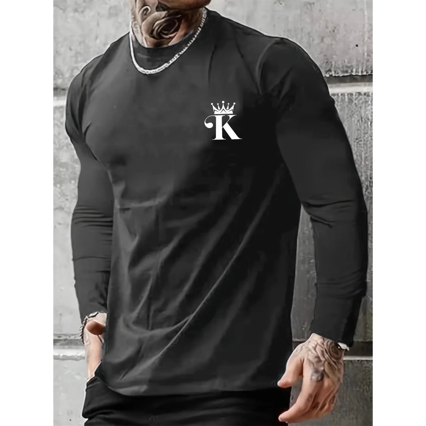 Men's 100% Pure Cotton Loose Fit Comfortable Sports And Leisure Letter K King Printed Round Neck Long Sleeved T-shirt Top 🌴 VibeFlex Sports