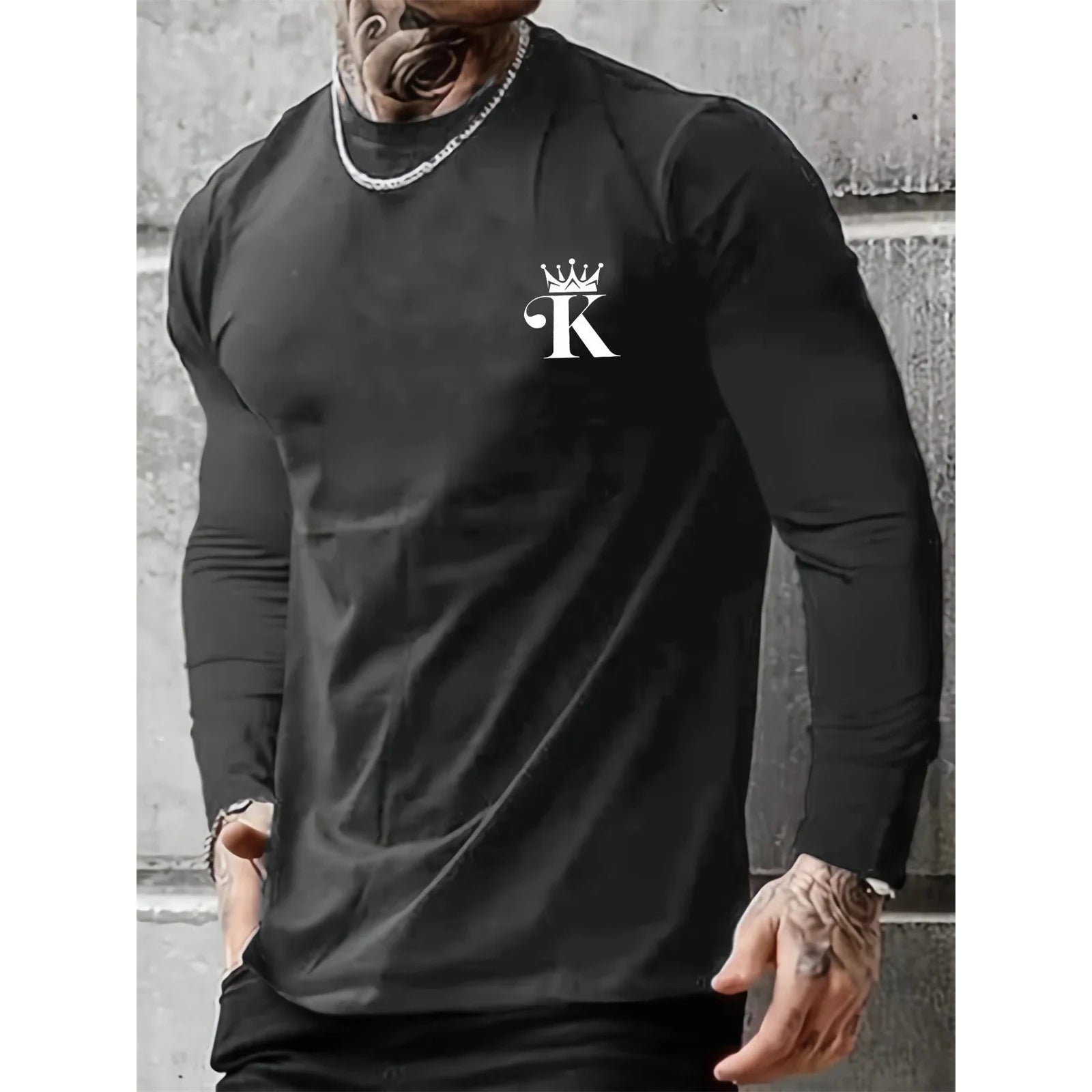 Men's 100% Pure Cotton Loose Fit Comfortable Sports And Leisure Letter K King Printed Round Neck Long Sleeved T-shirt Top 🌴 VibeFlex Sports