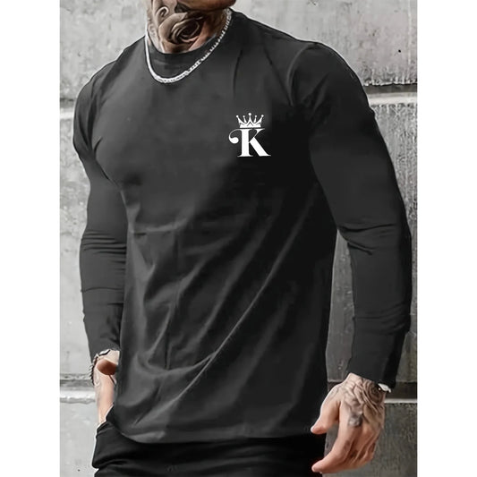 Men's 100% Pure Cotton Loose Fit Comfortable Sports And Leisure Letter K King Printed Round Neck Long Sleeved T-shirt Top 🌴 VibeFlex Sports